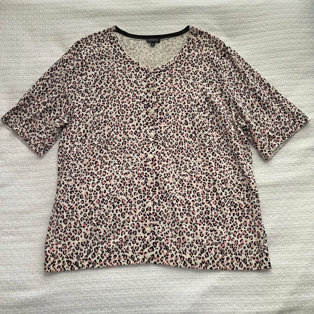 XL Talbots Pink and Black Cheetah Print Short-Sleeve Cardigan